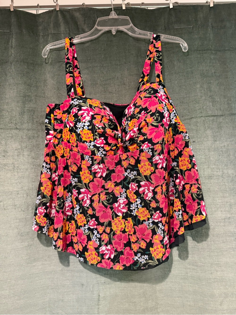 Black Floral Twist-Front Women’s Tank Top with Pink & Orange Blooms